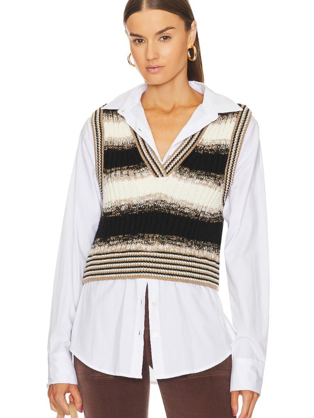 Veronica Beard Spear Mixed-Media Button Front Knit Vest Shirt Combo - S